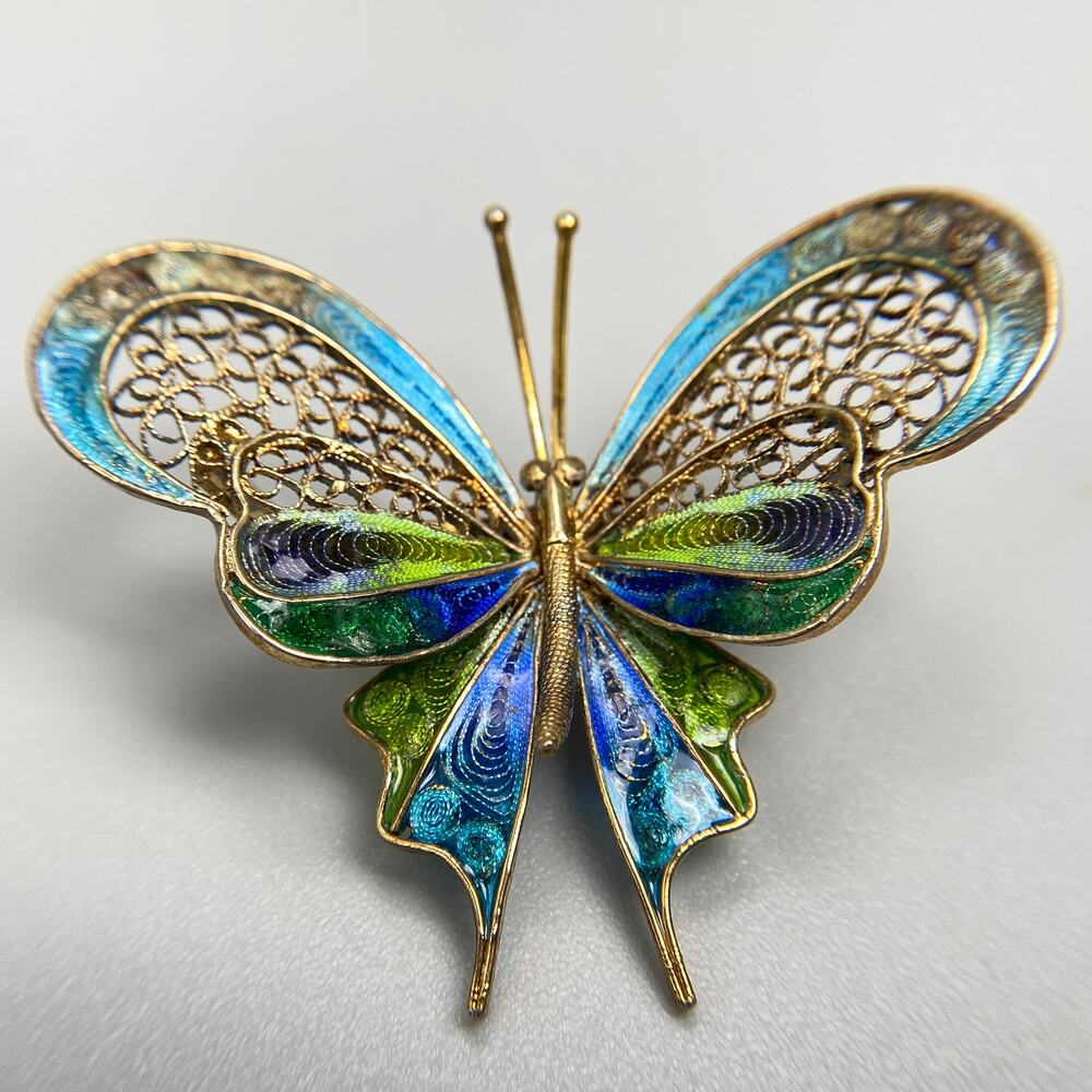 Vintage Enamel Butterfly Brooch Filigree Gold Tone Blue Green